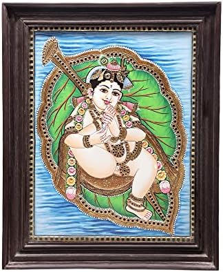 הודו האקזוטי 19 x 23 vatapatra-shayi krishna tanjore ציור | צבעים מסורתיים עם זהב 24 קראט | טיקווד FRA